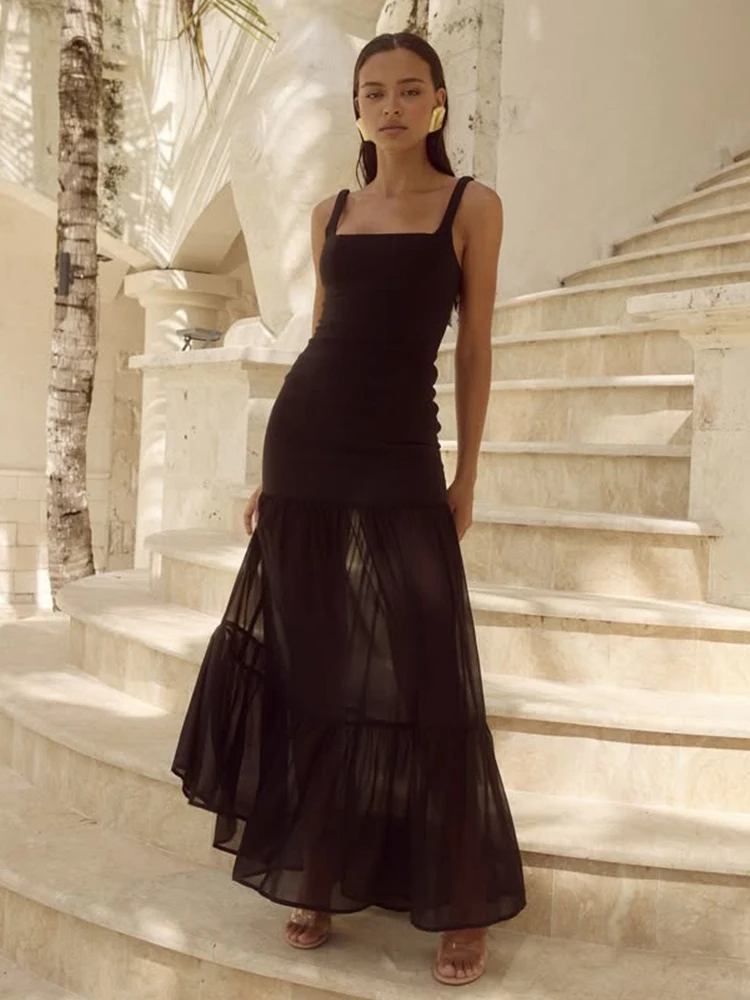 Cutenew – Robe Maxi plissée à volants pour femmes, Patchwork, classique, col carré, sans manches, gaine, élégante, vêtements de rue, nouvelle collection