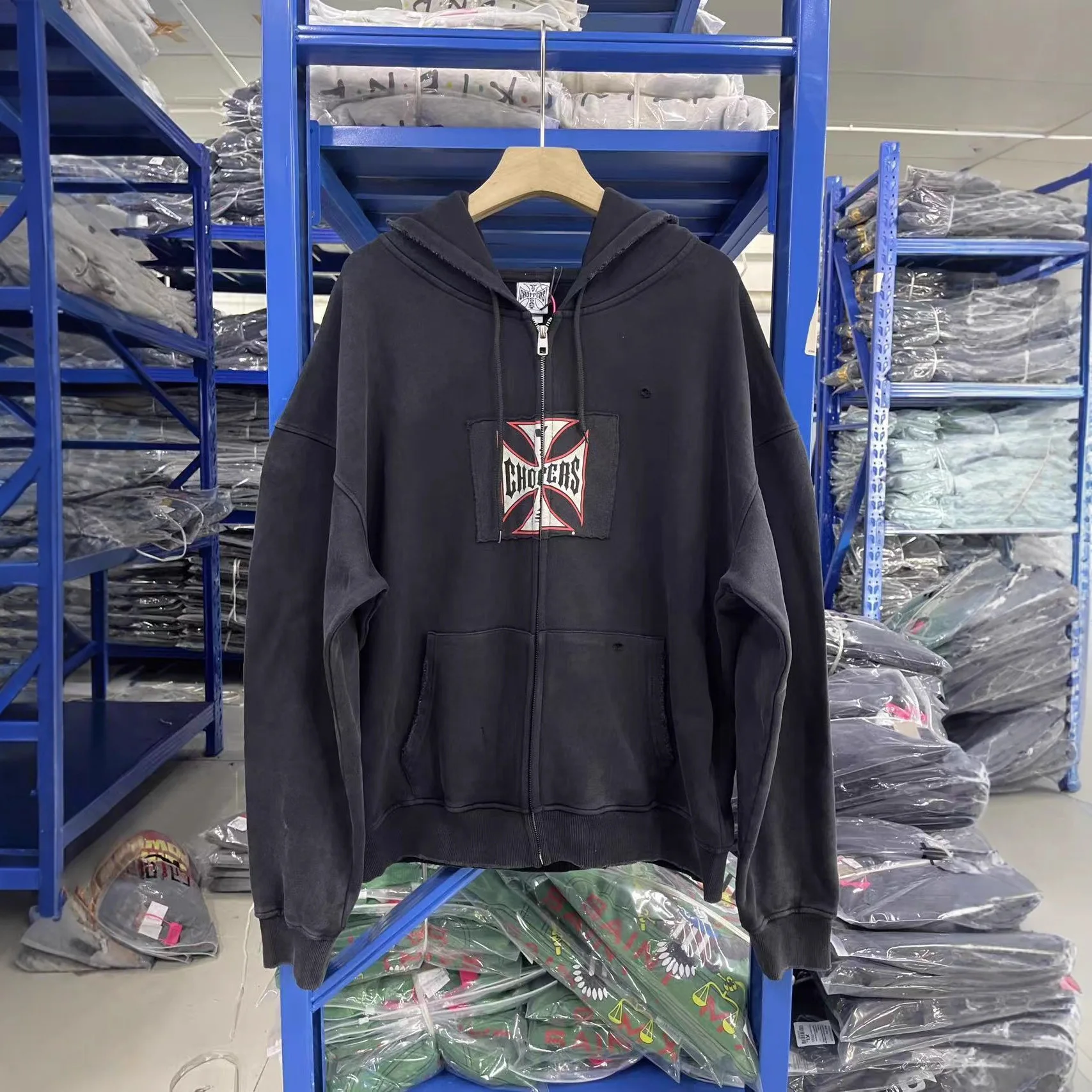 

West Coast Choppers Retro Heavy-Duty Rustic Iron Cross Zip Hoodie for Men and Women, Trendy Streetwear