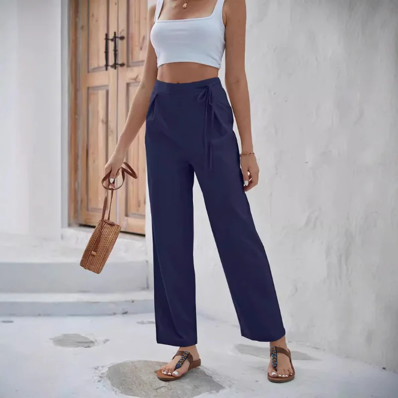 Women's Navy Blue High Waist Wide-leg Pants Side Tie Design Loose Casual Trousers For Summer Daily Wear