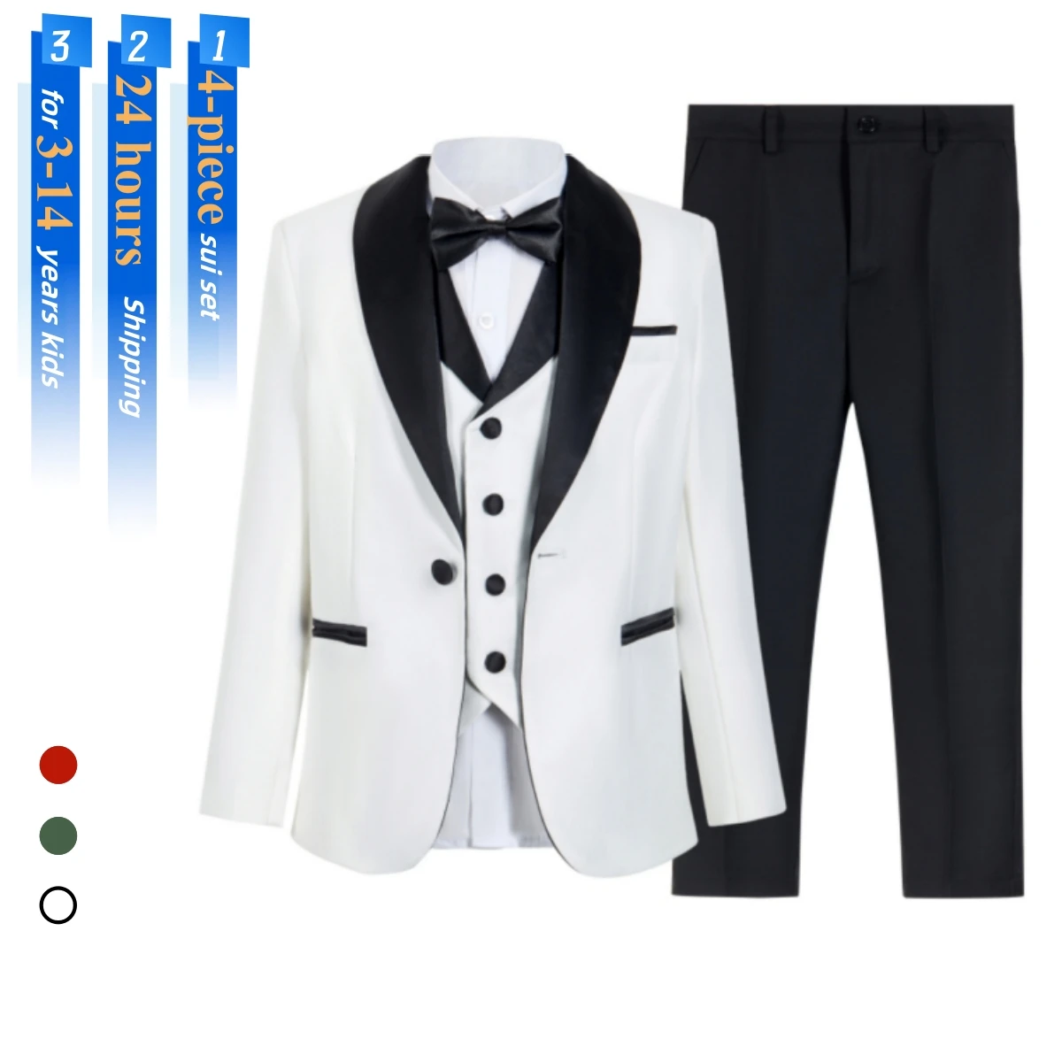 

Современный детский костюм с шалевым вырезом, свадебный костюм для мальчиков, формальные брюки-смокинг из 4 предметов, пиджак, жилет, брюки с галстуком-бабочкой на складе