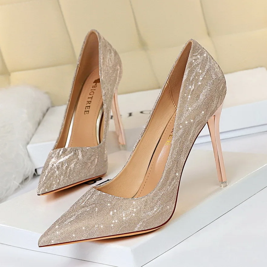 New Women's Thin High Heels Shallow Mouth Pointed Shining Sexy Slim Night Club Single Wedding Shoes women pumps