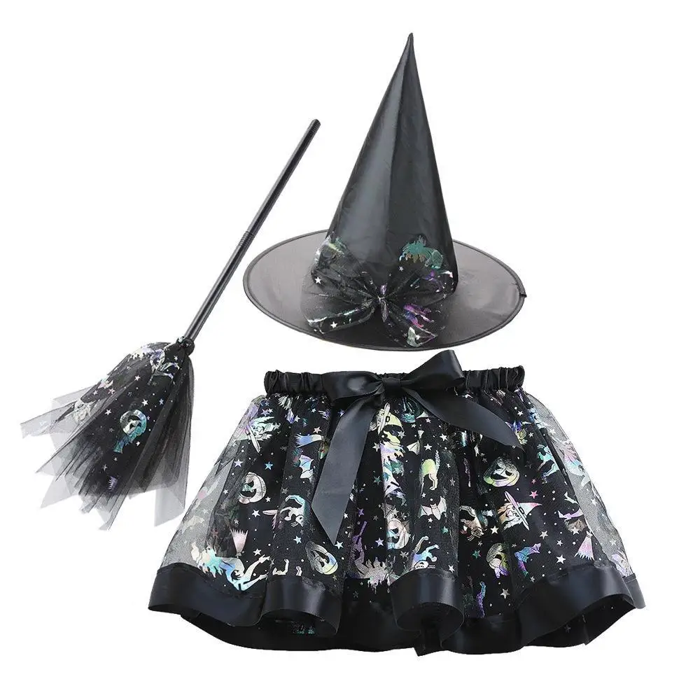 

loween Girls Skirt Set Tee Pieces Netting Bat Print Witch f Skirt Tulle Skirt Broomsti And Witch Hat Costume