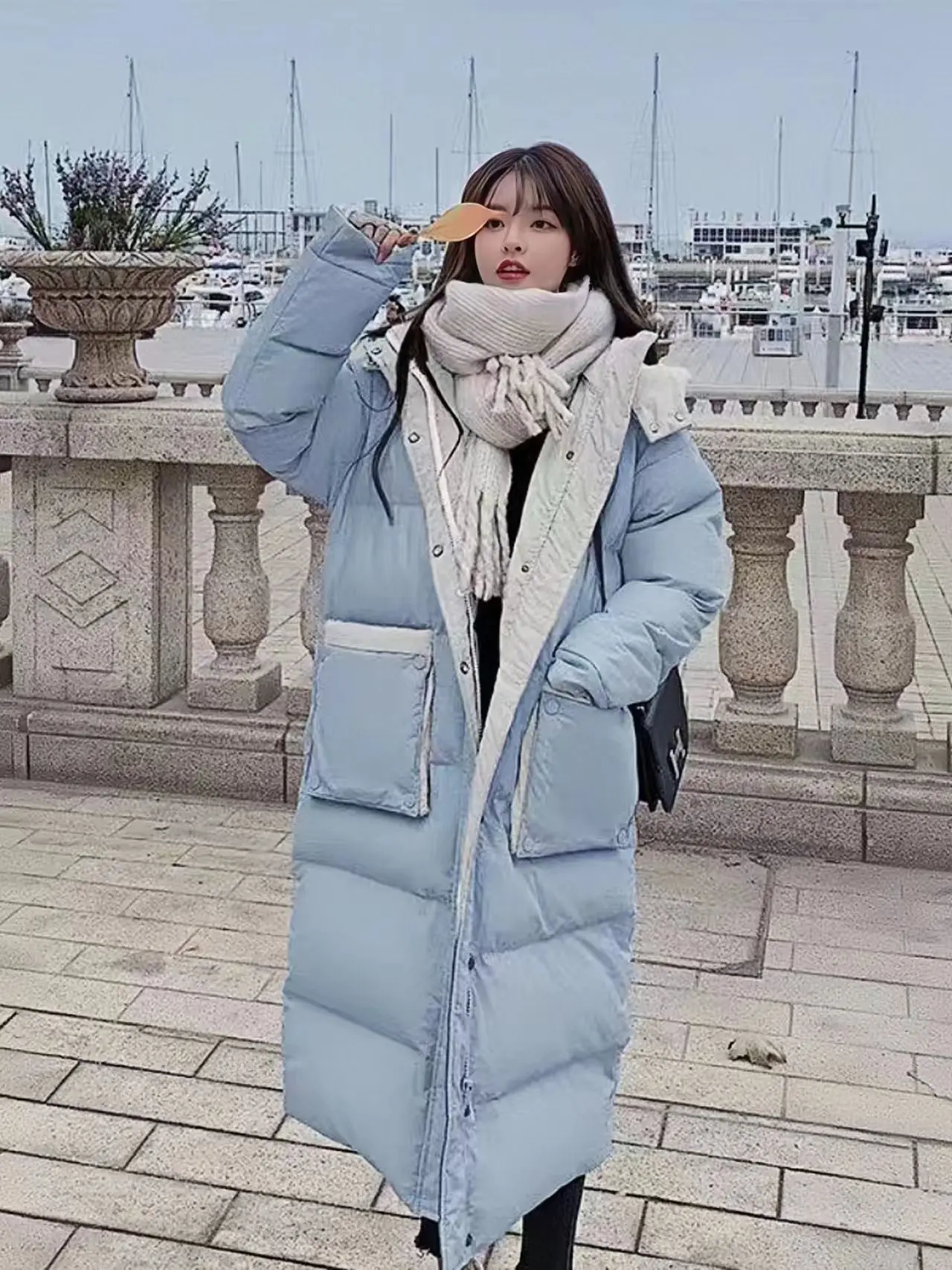 여성용 후드 다운 재킷, 길고 루즈하고 두꺼운 면 재킷, 한국어 버전, 하이엔드, 겨울, 신규, 2024