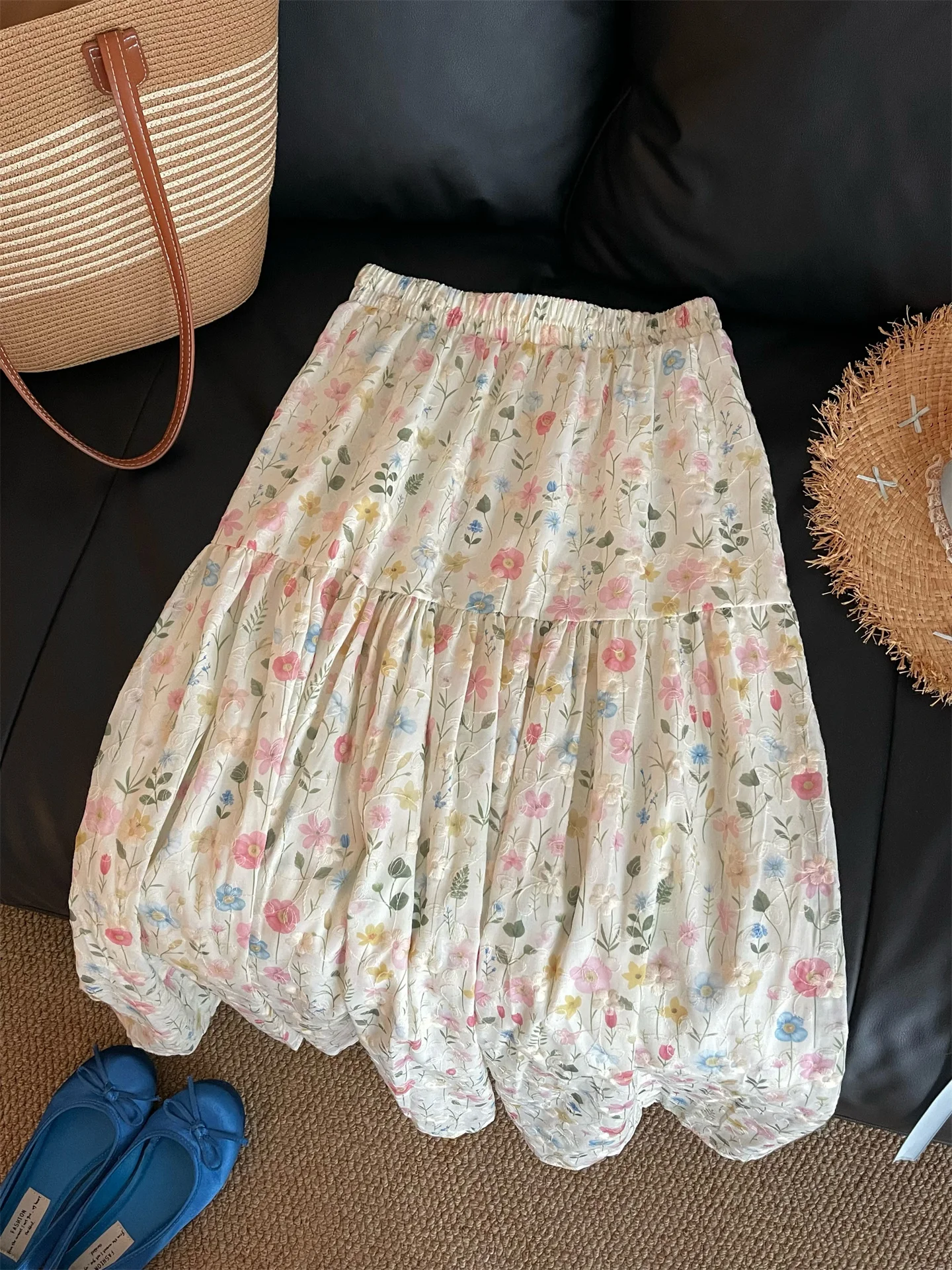 

Elegant Floral Embroidery Skirt Cake Skirt 3D Floral Dimensionality Spring Collection High Waist A-Line Skirt for Women