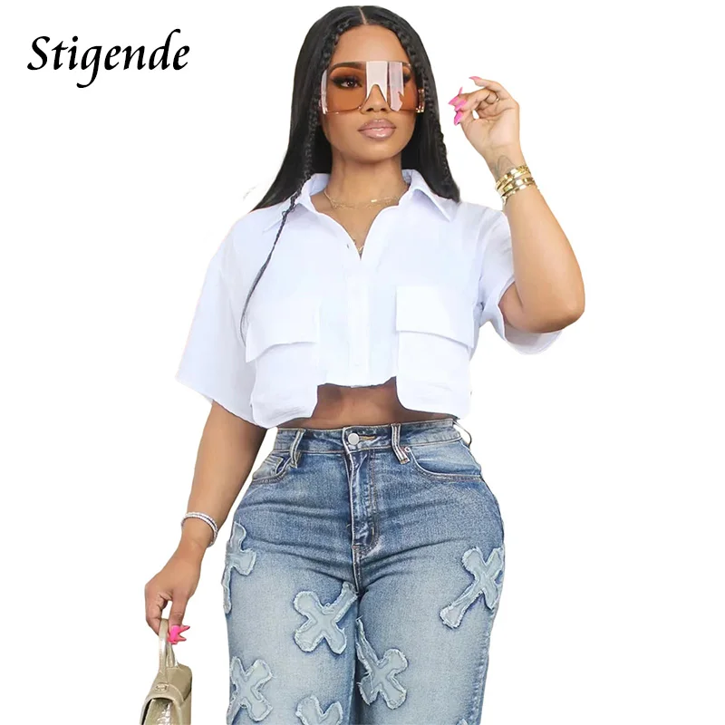 Stigende Turn Down Collar Button Shirts Y2k Women Patchwork Pocket Crop Shirts Tops