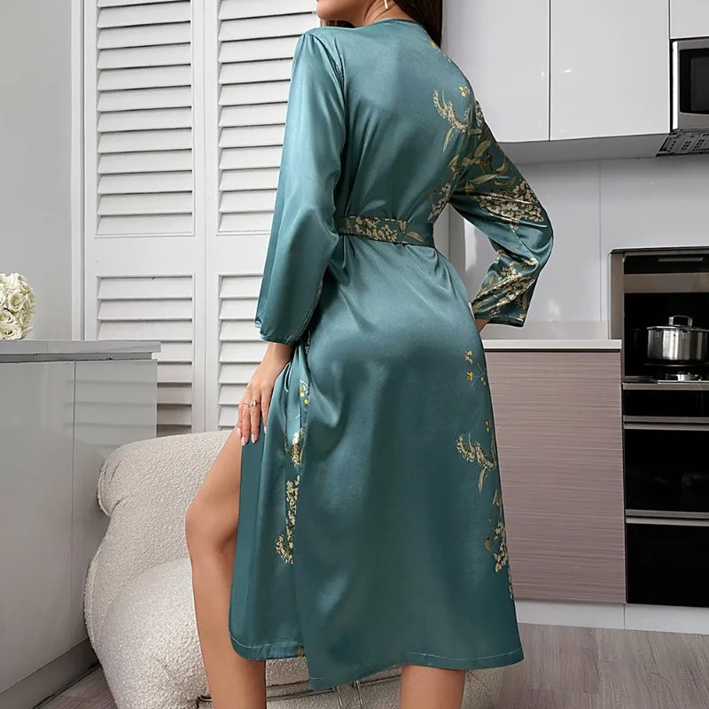Hotel Bathroom Tie Bathrobe Women's - Ice Silk Cherry Print Long-Sleeve Sleep Robe, Summer Fashion Thin Breathable