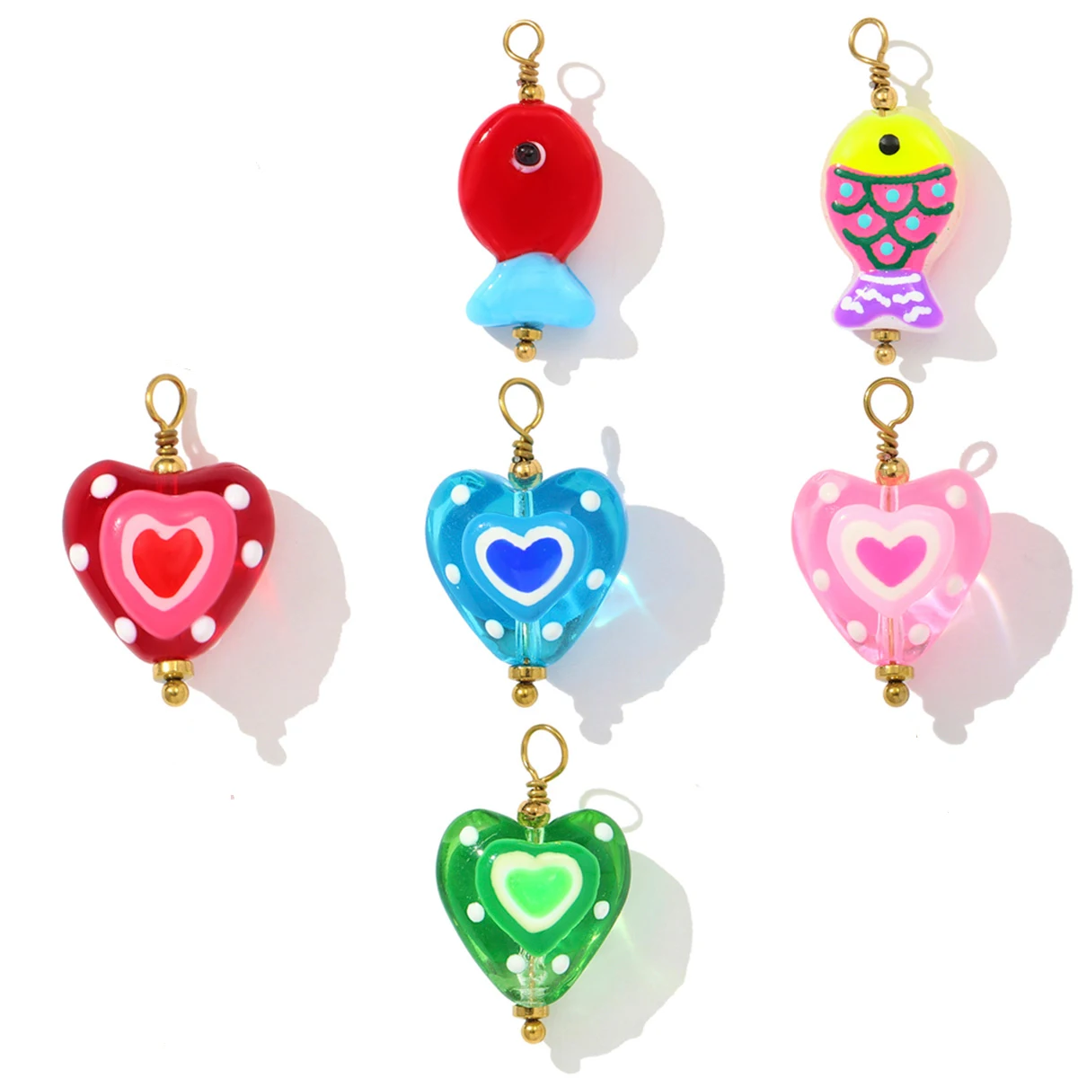 3 pièces/lot de breloques en verre filé torsadé en acier inoxydable, pendentifs cœur et poisson pour la fabrication de bijoux de mode DIY, vente en gros