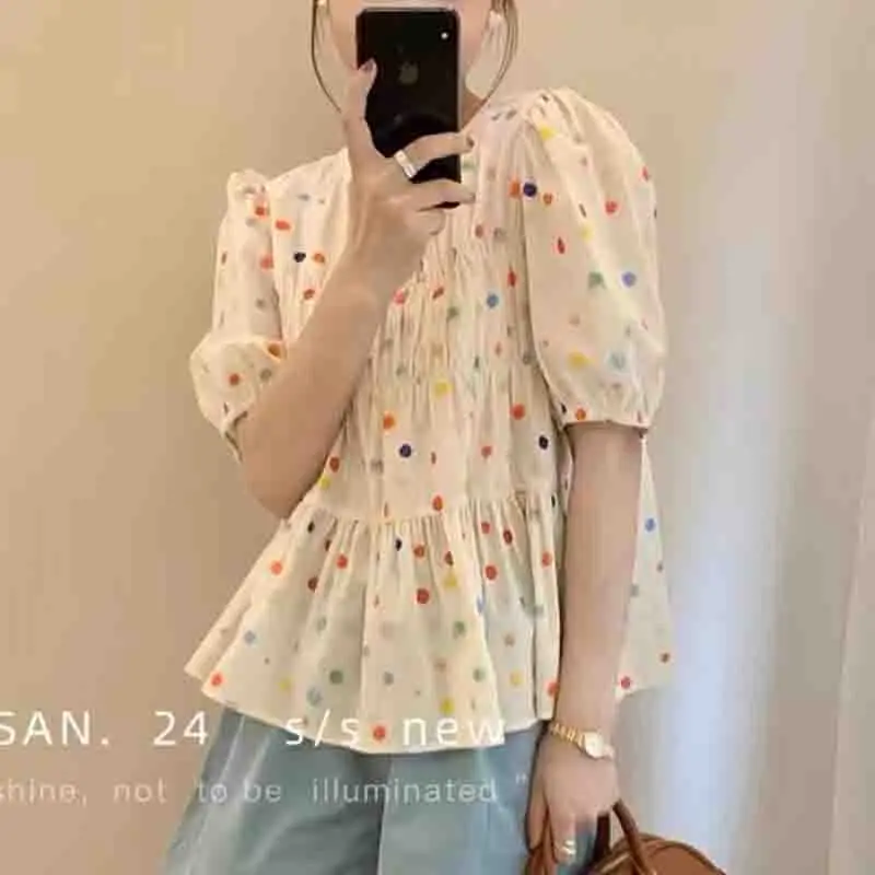 New Fashion Dot Printing Women Blouse Casual Loose Short Sleeve Women\'s Shirts Elegant Woman Tops Summer Female Clothes 1975