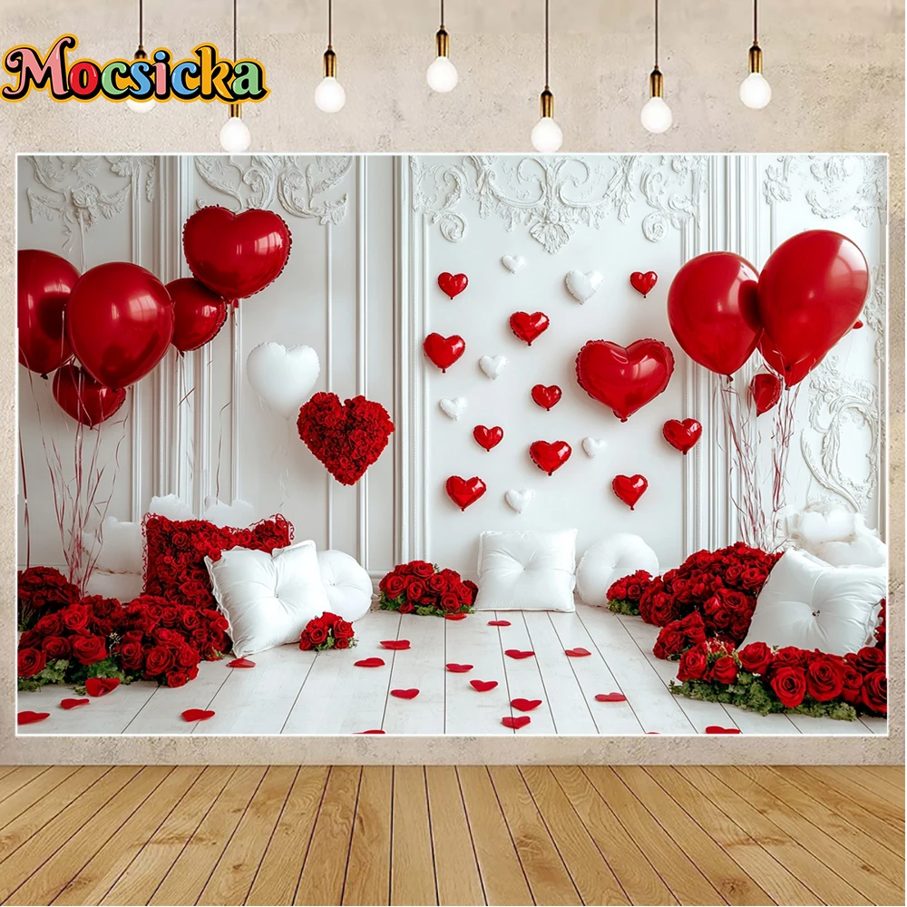 MOCSICKA Valentine's Day photo background Pink balloon Red heart Flower Holiday Family People Portrait Photo Backdrops Studio