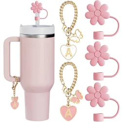 5Pcs Straw Cover Cap for Stanley Quencher Accessories Pink Flower Cover Dust Stopper Straw Cap Letter Love Butterfly Pendants