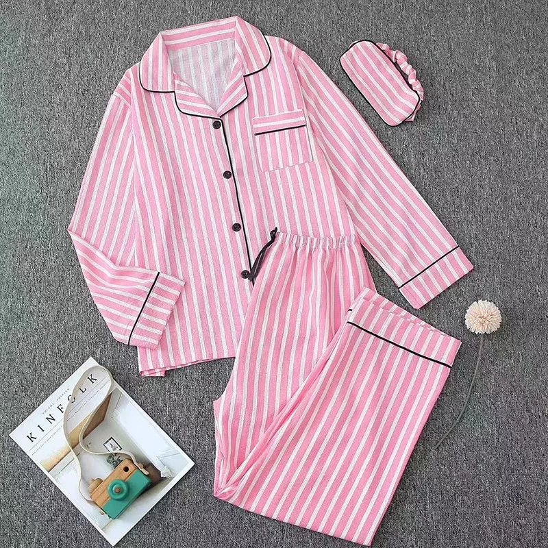 

Women's Pijama Pajamas Sleepwear For Striped Pajamas Women Pajamas Set Bubble Wrinkle Loungewear Long Sleeve Pants Blindfold Set