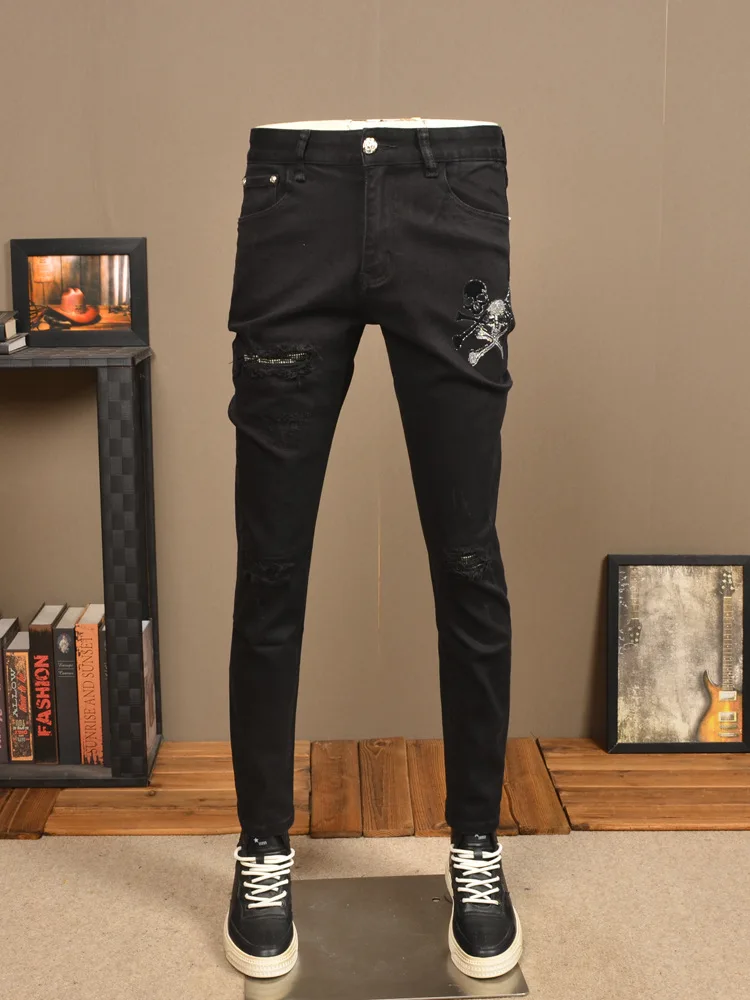 2023 New Black Ripped Jeans Men's Autumn and Winter Fashion Design Patch Stretch Casual Slim Fit Tapered Pants