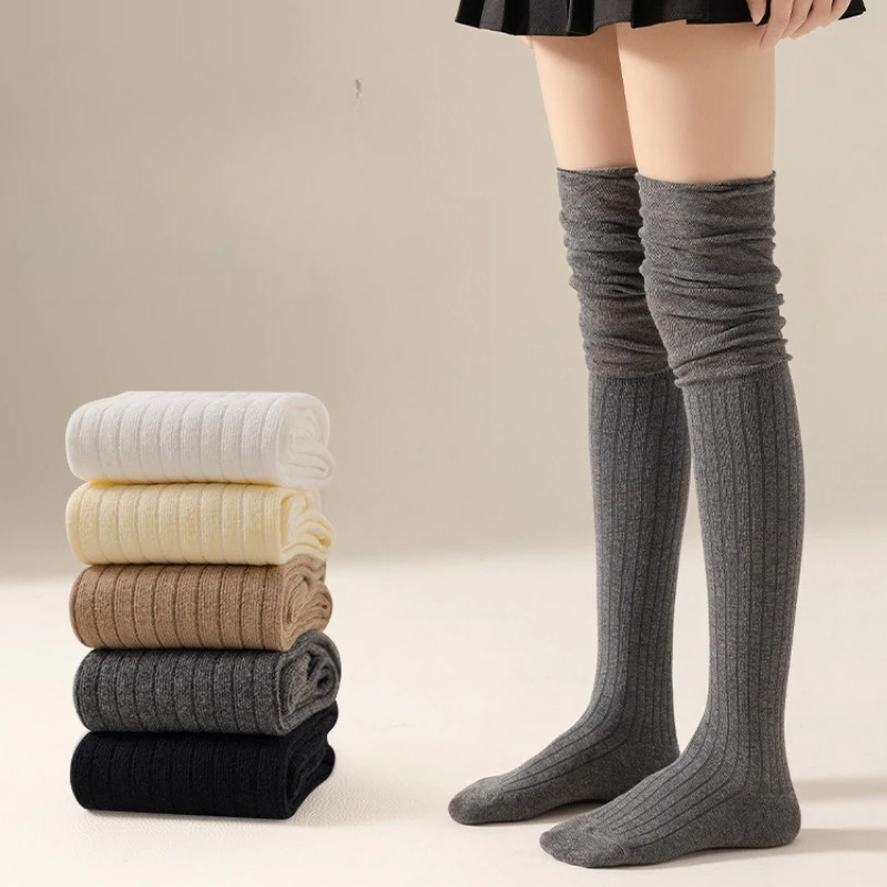 ถุงเท้ายาวถึงเข่าสำหรับผู้หญิง 1/5 คู่ แฟชั่นถุงเท้ายาวแบบซ้อน สีพื้น แต่งลาย ถุงเท้าบาง ยืดหยุ่นสูง สวมใส่สบาย