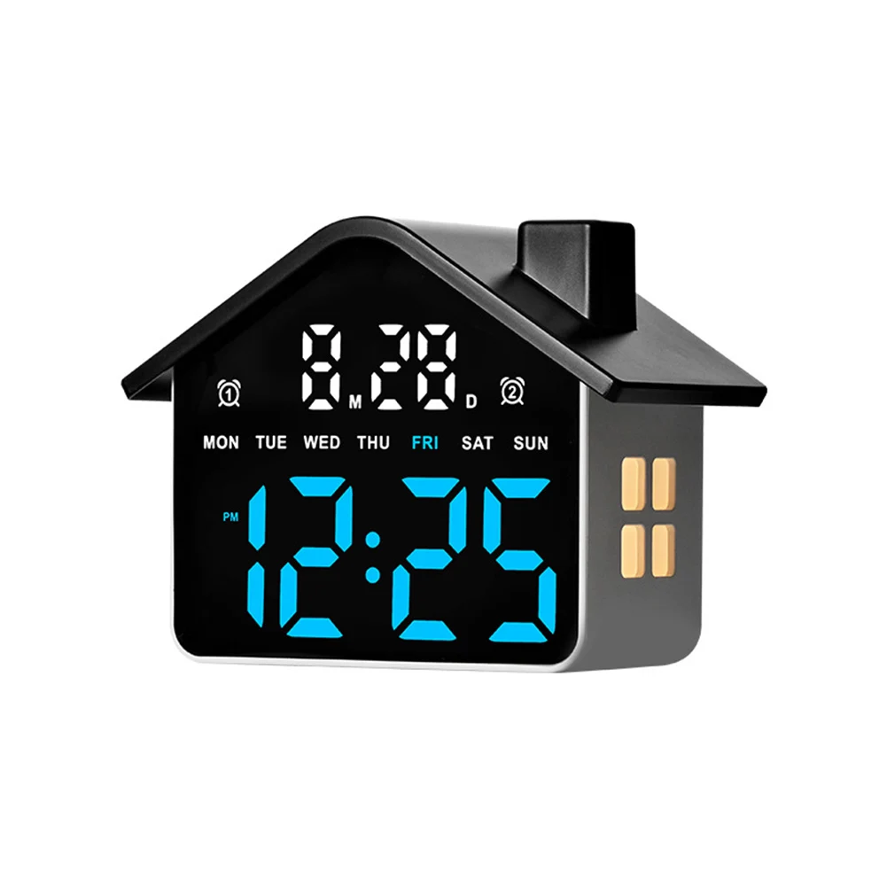 LED Alarm Clock with House Silhouette and Night Light for Time Date Day Week Alarm Timer for temp Display 4 Brightness Settings