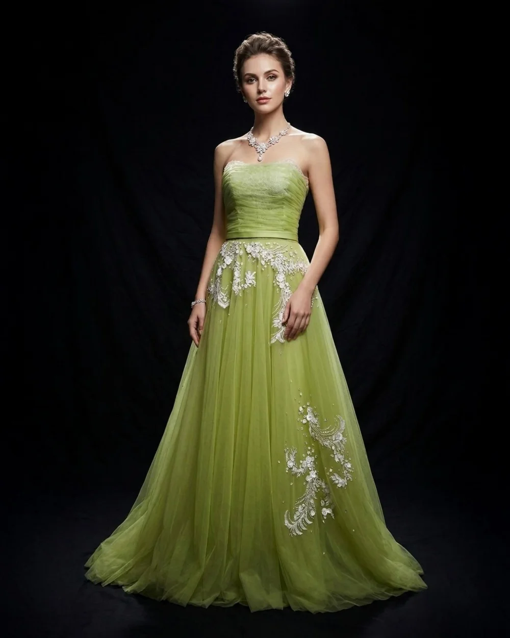 

Customized Classic Women Tulle Applique Rhinestone Ruched A-Line Evening Dresses Modern Style Strapless Sleeveless Prom Dresses