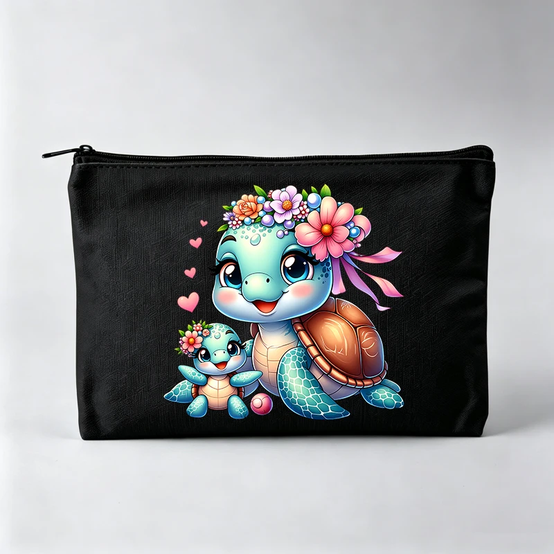 Cute Turtle Family Print Makeup Bag, Adorable Cosmetic Pouch for Daily Use