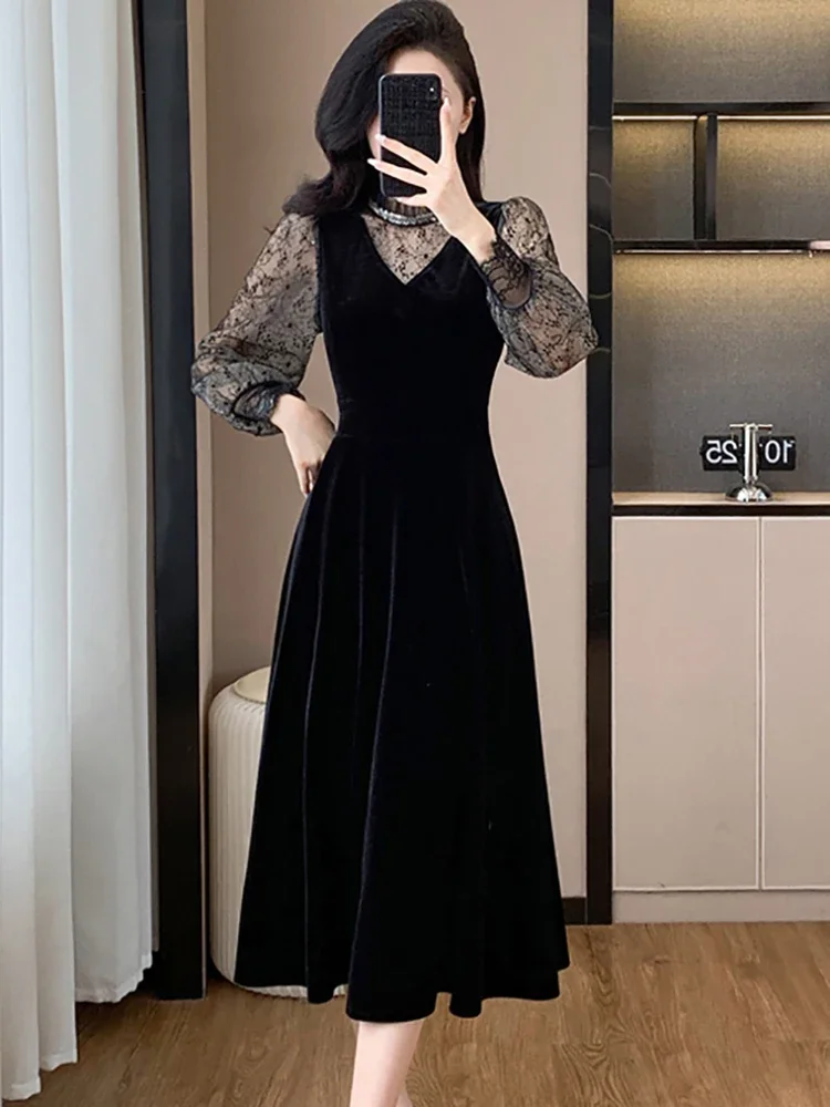 Koreańska sukienka damska Vintage Luxury Eveing Dress Autumn Winter Black Velvet Patchwork Mesh Sheer Dress 2024 Elegancka sukienka imprezowa Bodycon