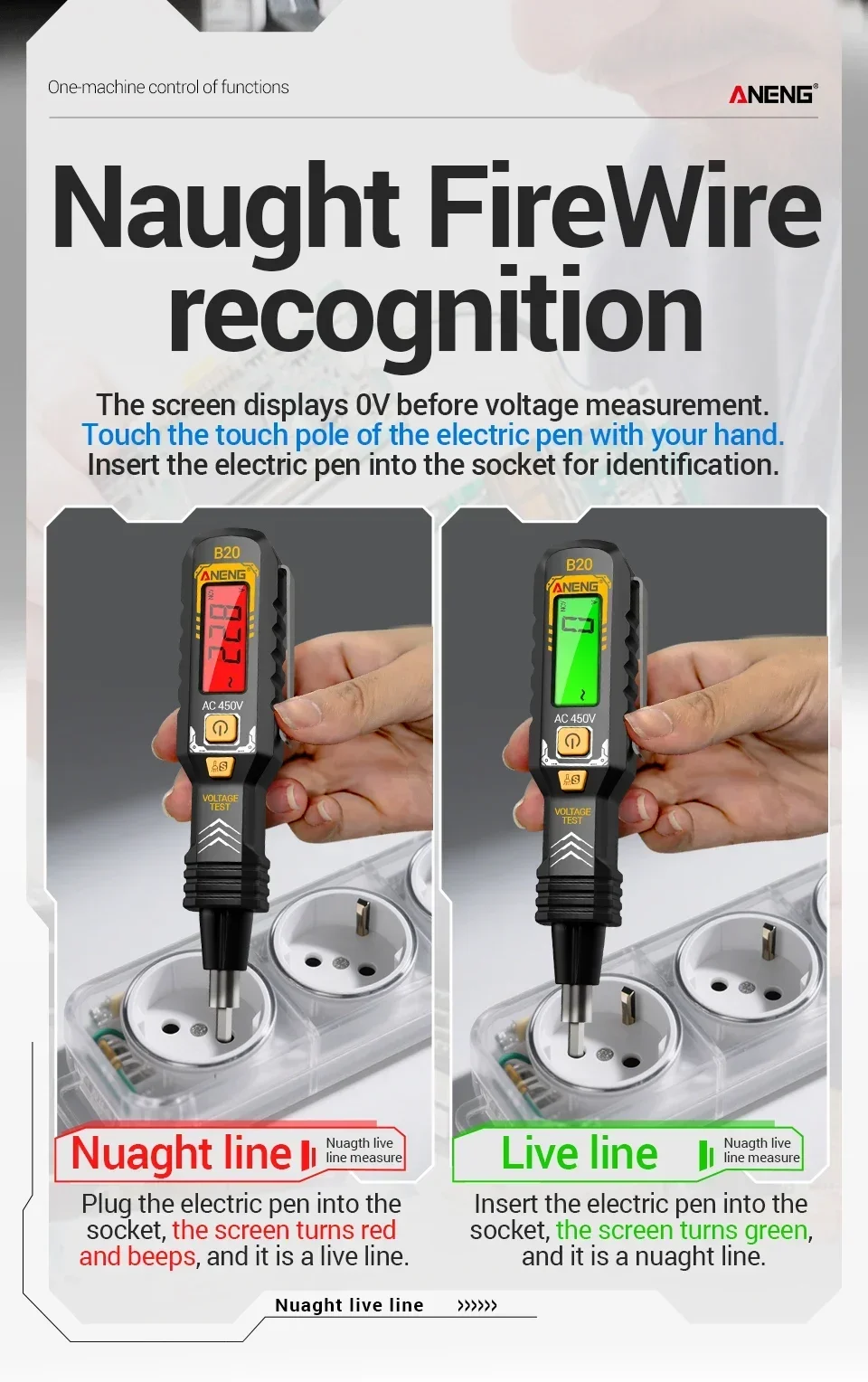 ANENG B20 Hochpräziser Induktionsprüfer 30~1000V mit Ton- und Lichtalarm, Farbdisplay-Hintergrundbeleuchtung, Steckdosen-Prüfgerät für Stromkreise – Detail 5