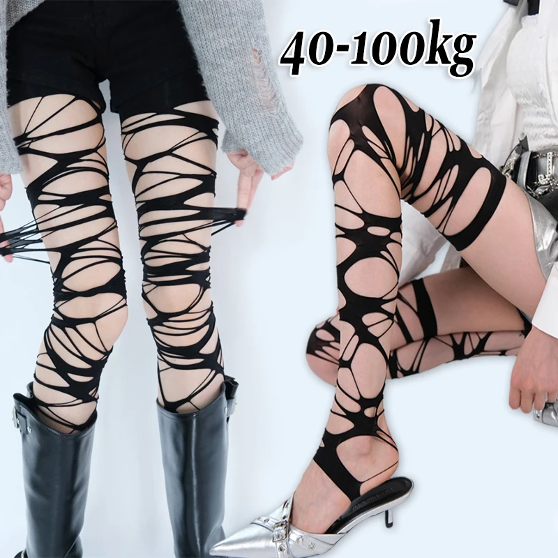 Trendy Punk Torn Strap Holes Tights Nue Sexy Lolita Gothic Spider Web Stockings Ladies Y2k Black Mesh Soft Tights High Hosiery