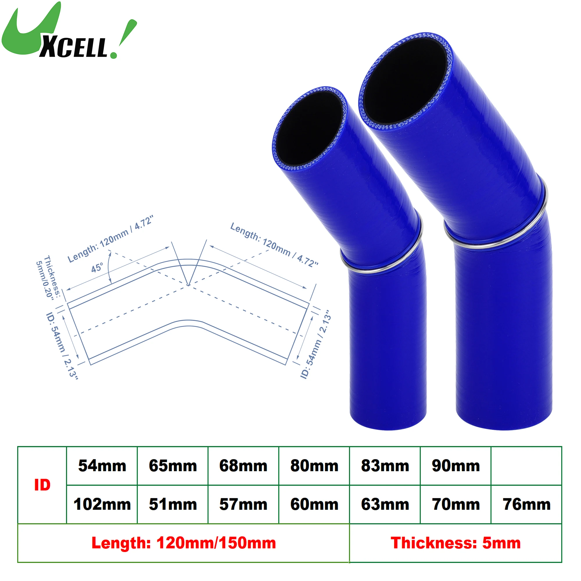 

UXCELL 45 Degree 51/54/57/60/63/65/68/70/76/80/83/mm ID Silicone Hose Coupler Intercooler Tube with Ring 120mm 150mm Long