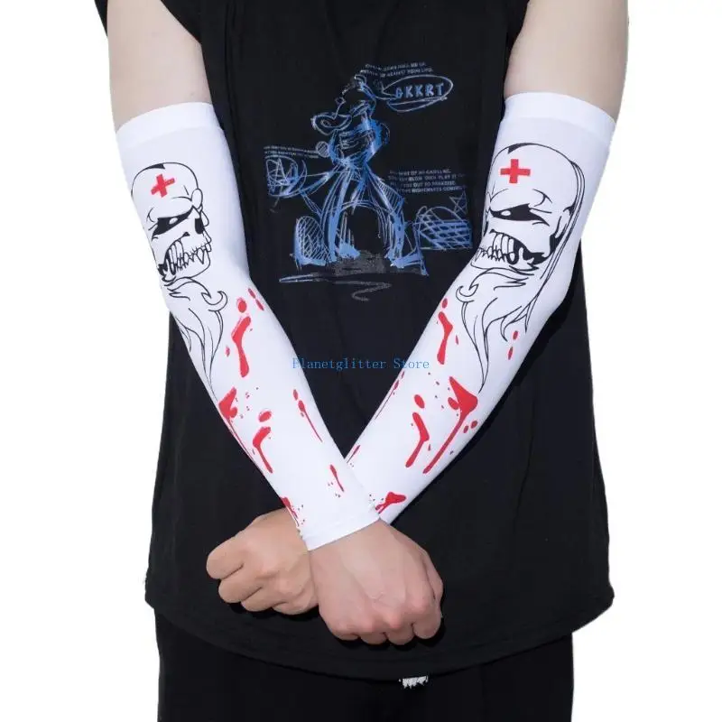 

652B Gothic Arm Sleeves Sunscreen Gothic Skull Sleeves Halloween Costume Accessory