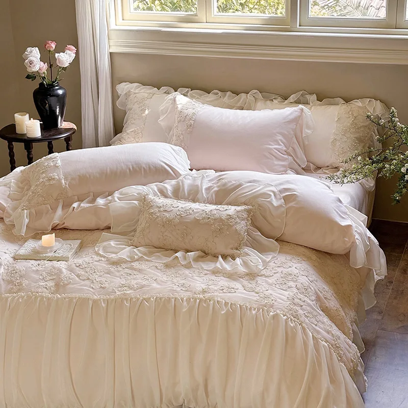 French Rose Lace Edge Cotton Four-piece Set Romantic Floral Lace Embroidered Ruffles Quilt Cover Pillowcase Bedding Set
