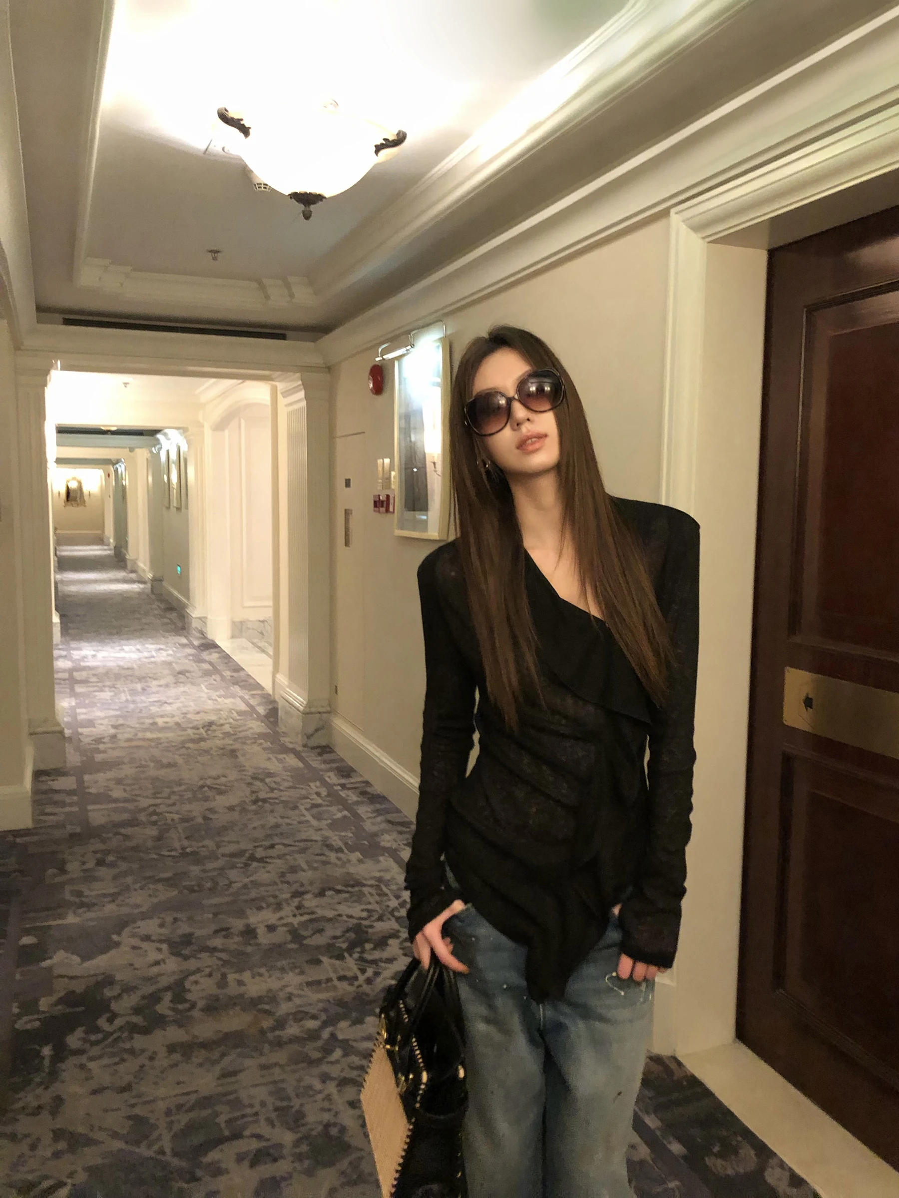 

Gakee Official Women's Knitted Hollow out Texture Irregular Ruffle V-Neck Casual Style Polyester Blend Long Sleeve Top