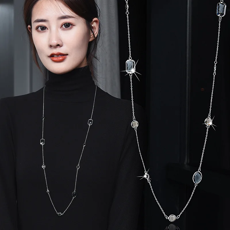 Geometric Crystal Long Sweater Chain Necklace for Women Metal Chain Necklace Fashion Jewelry Gift