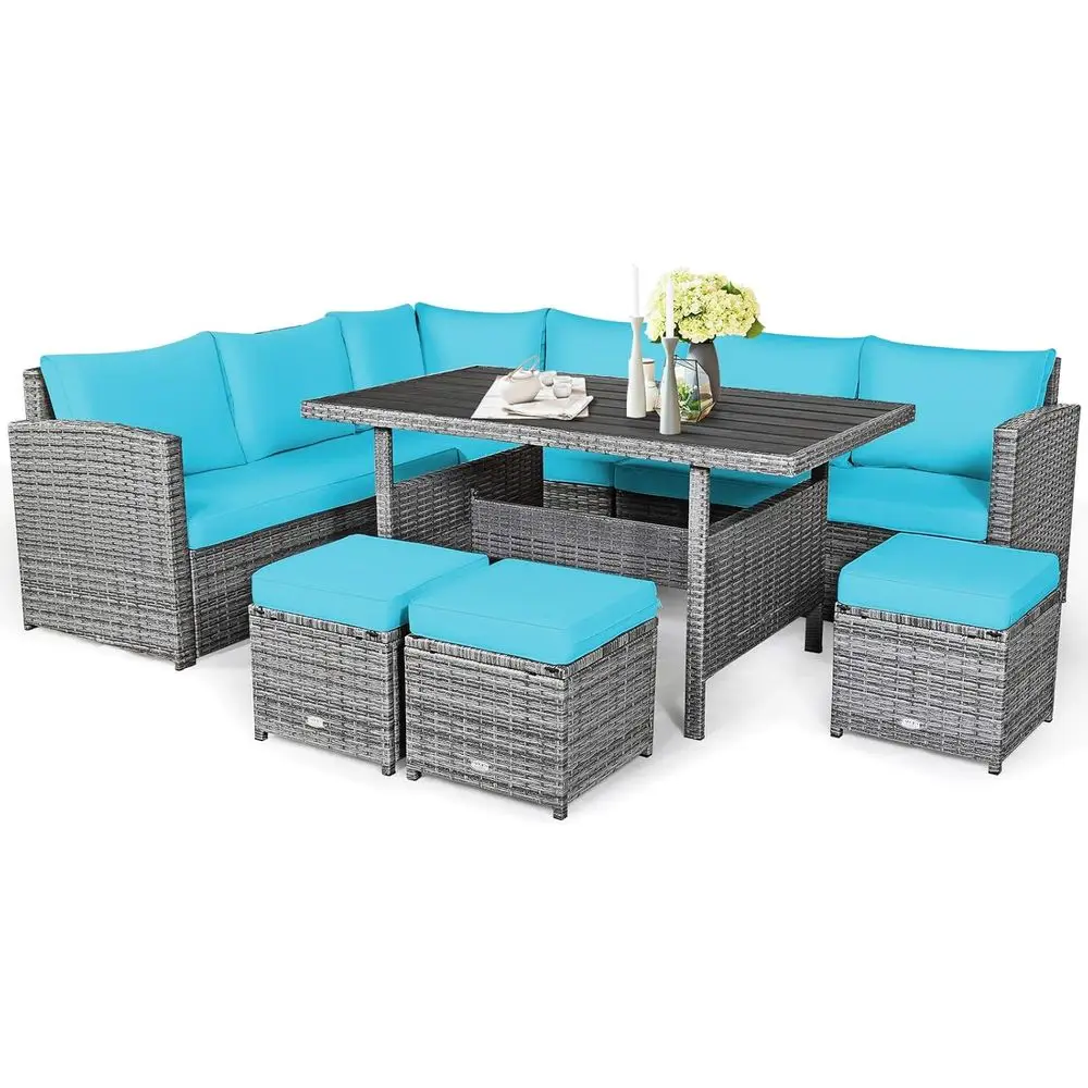 

Бирюзовый уличный модульный диван с подушками, всепогодный плетеный комплект мебели, включает обеденный стол и пуфы для сада или патио