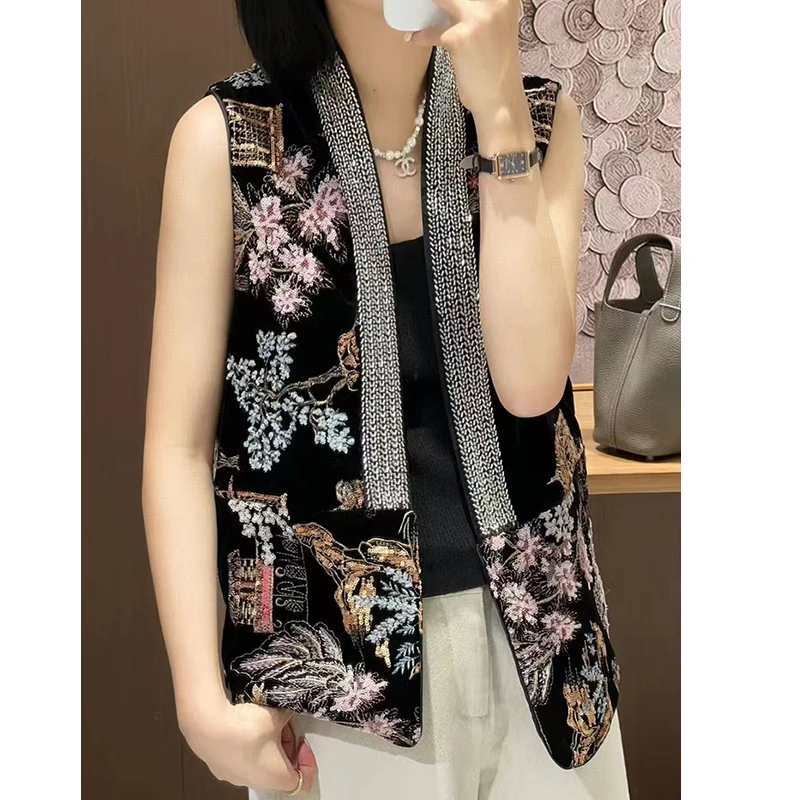 

Autumn New Exclusive Design V-neck Exquisite Beading+Sequin Embroidered Silk +Velvet Fabric Women's Vest S-XXL