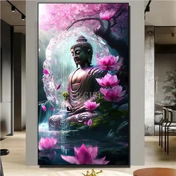 Large Size Buddha Lotus Flower Diamond Art Painting New Arrival Diamond Mosaic Full Sqaure Round Waterfall Religious Home Decor