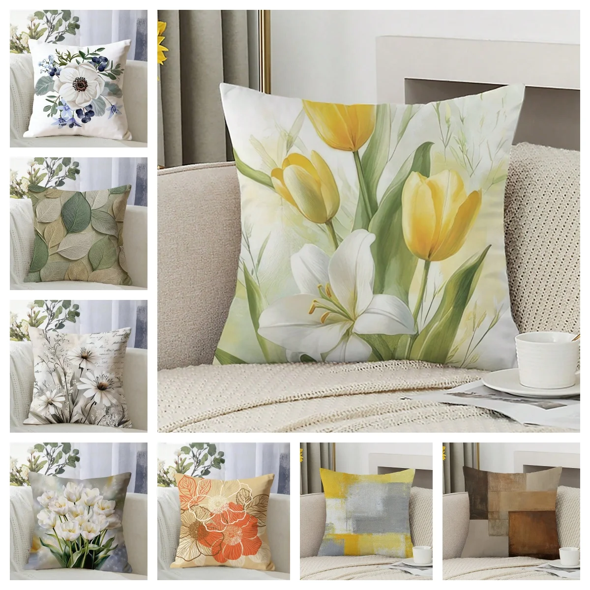 1pc Minimalist Botanical Pillow Cover, Polyester 2D Double-Sided Print, Soft Watercolor Tulip & Leaf Design, Neutral Scandinavia