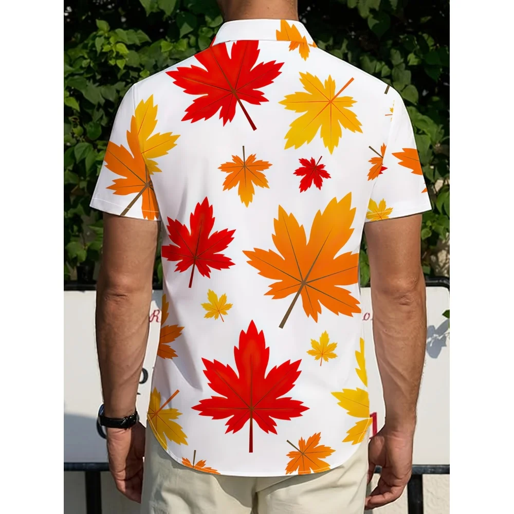 Red Maple Leaf 3D Print Hawaiian Shirt Office Casual Temperament Men Short Sleeve Tops Summer Lightweight Breathable Lapel Shirt