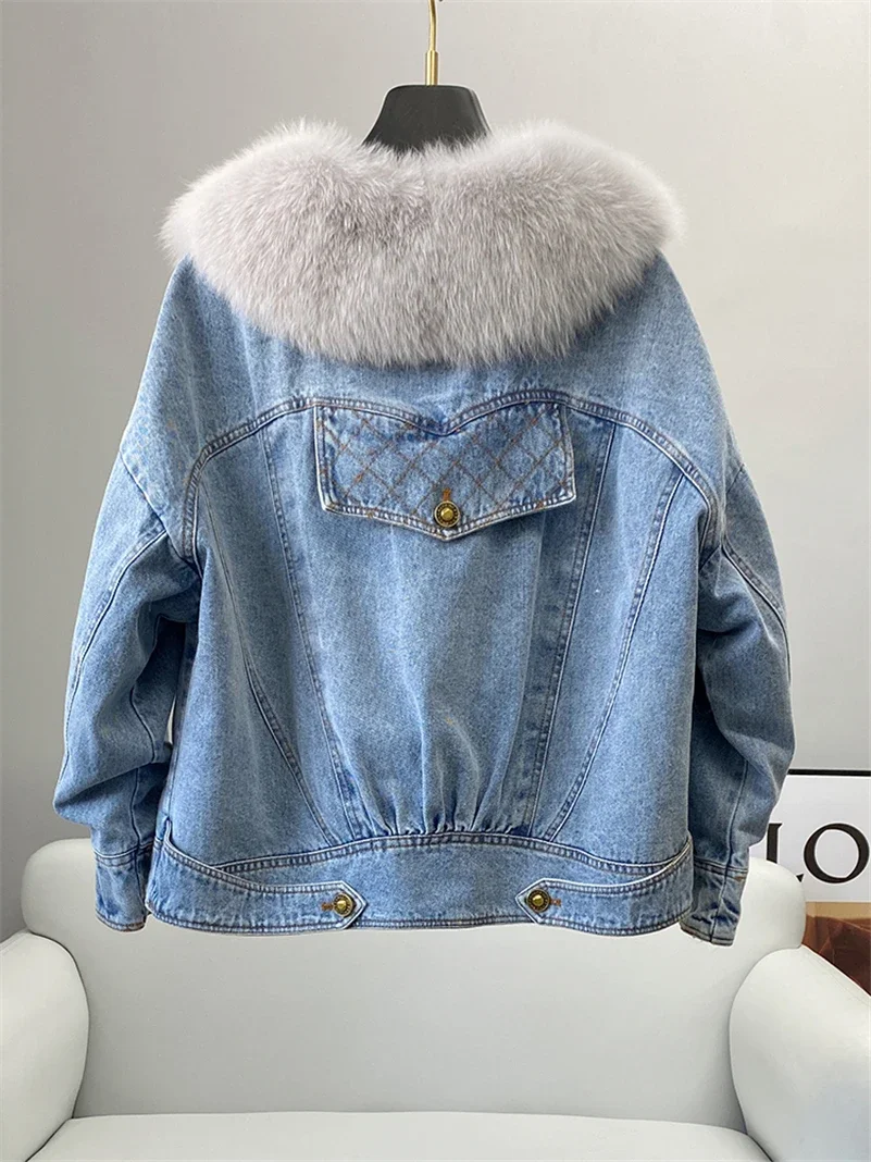 Winter Real Fox Fur Demin Coat Jacket Female Duck Down Linging Coats Lady Over Size Parka Trench CT2108