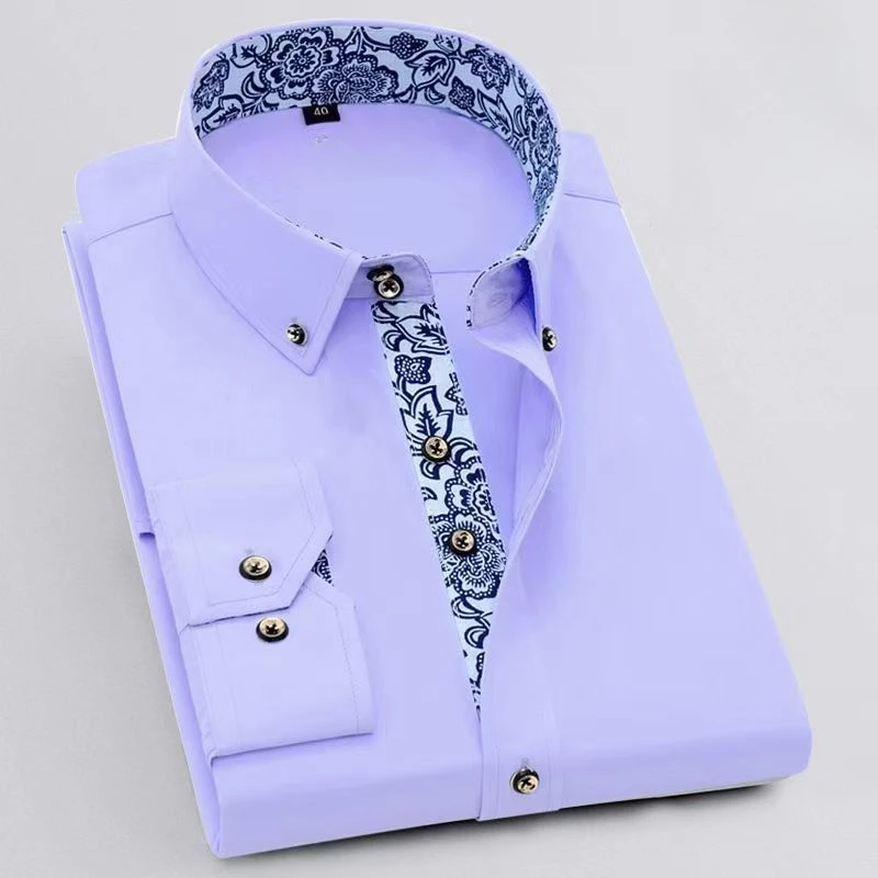 قميص رجالي بياقة بورسلين زرقاء وبيضاء ، طية صدر ، بلون سادة ، أكمام طويلة ، كلاسيكية وأنيقة ، جودة عالية ،