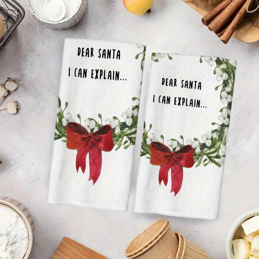 Hand Towel, Pack of 2, Wreath with White Flower and Red Bow Pattern