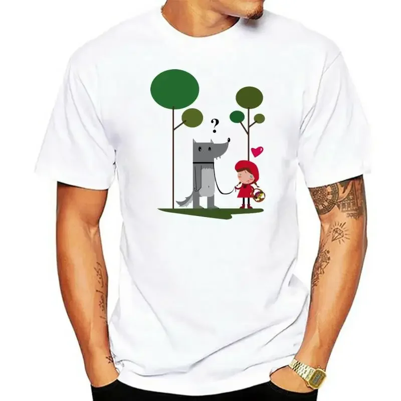 Autumn Fun Men's White T-shirt with Little Red Riding Hood and Bad Wolf Printed Cartoon Clothing Top T-shirt
