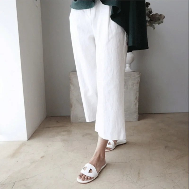 Women High Waist Linen Cropped Wide Leg Pants Loose Casual 9 Trousers Summer Bottoms