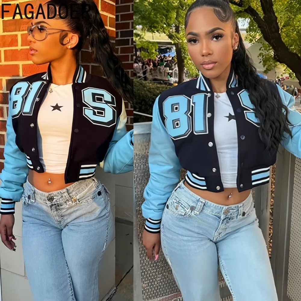 

FAGADOER Fashion Letter Print Coat for Woman Solid Color Long Sleeves Bottoms Baseball Jacket Female Streetwear Clothing New