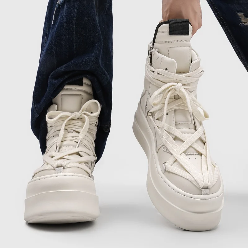 

Small Niche Cross Strap Thick Soled High Top Men Board Shoes Color Blocking European American Style Casual Street Bread Shoes
