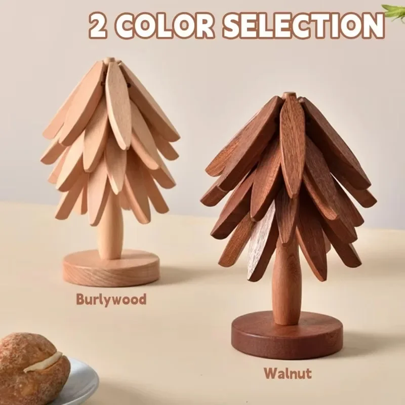 Christmas Wooden Trivets for Hot Dishes Folding Tree Shape Walnut Table Mat Holders Heat Insulated Pad Set Coasters for Pots