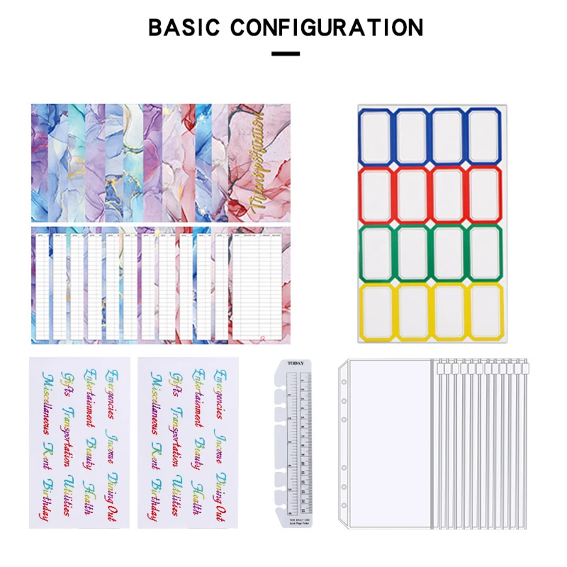 หินอ่อน A6 Budget Binder PU โน้ตบุ๊ค Budget Planner เงินสดซองป้ายสติกเกอร์เงิน Organizer สำนักงานโรงเรียนเครื่องเขียน