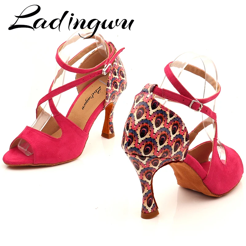 

Ladingwu Dance Shoes Womem's Suede And Peacock Pattern PU Ballroom Dance Shoes Latin Samba Comfortable Dance Sandals