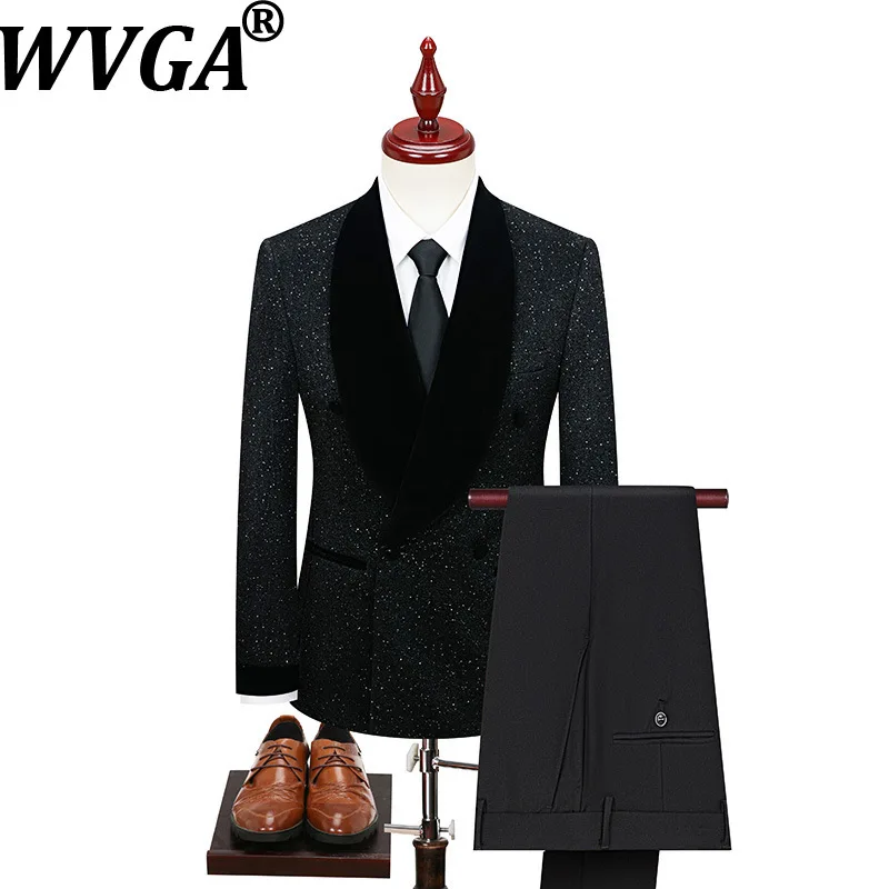 WVGA Spring Autumn New Men Tide Shiny Oversized Patchwork Blazer Niche Chic Casual Straight Suit Pants Two Pieces Set Ins W19318
