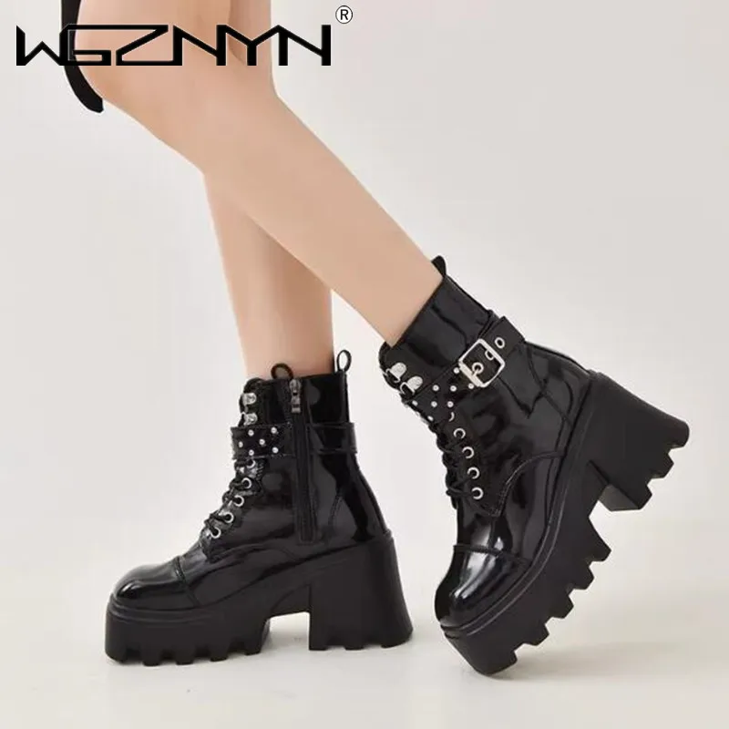 Women\'s Boots Chunky Hee Ladies Shoes Platform Zipper Buckle Leather Booties Punk Women Shoes Trend 2025 Sneakers Ankle Boots