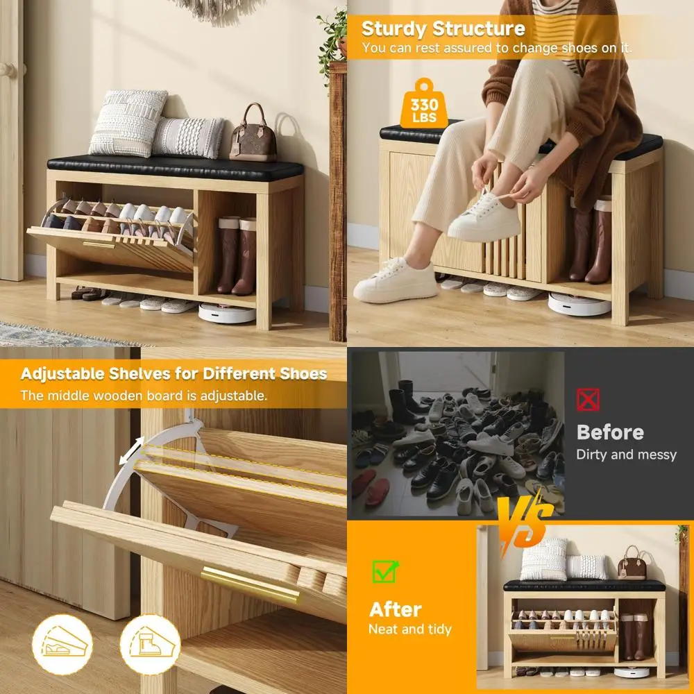 مقعد تخزين قابل للطي مقاس 40 بوصة مع وسادة ورف قابل للتعديل وأبواب شرائحية لتخزين الأحذية في المدخل #1