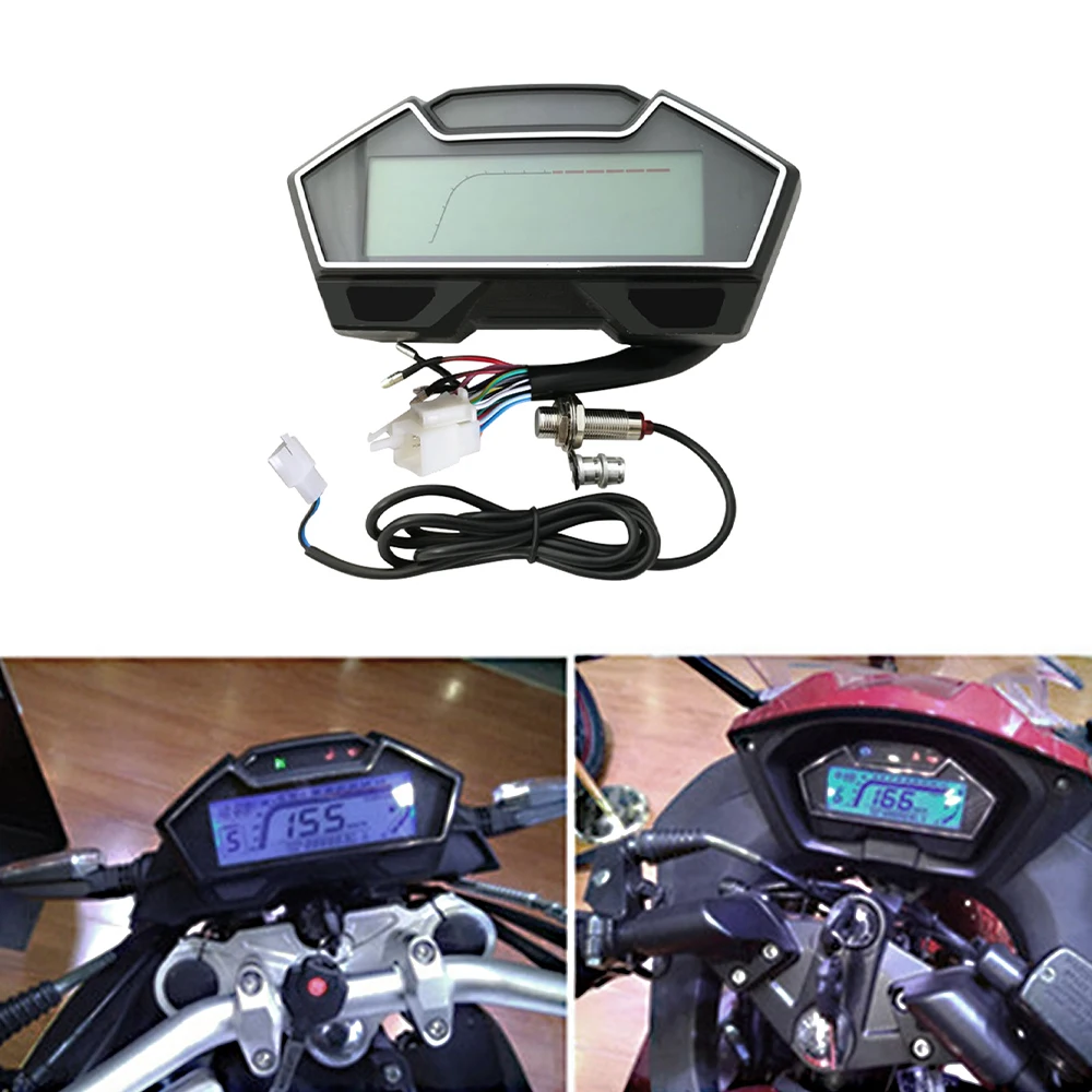 Universal 13000rpm Motorcycle LCD Digital Speedometer Odometer Backlight Gear Indicator Meter for 2-4 Cylinders Motor Vehicle