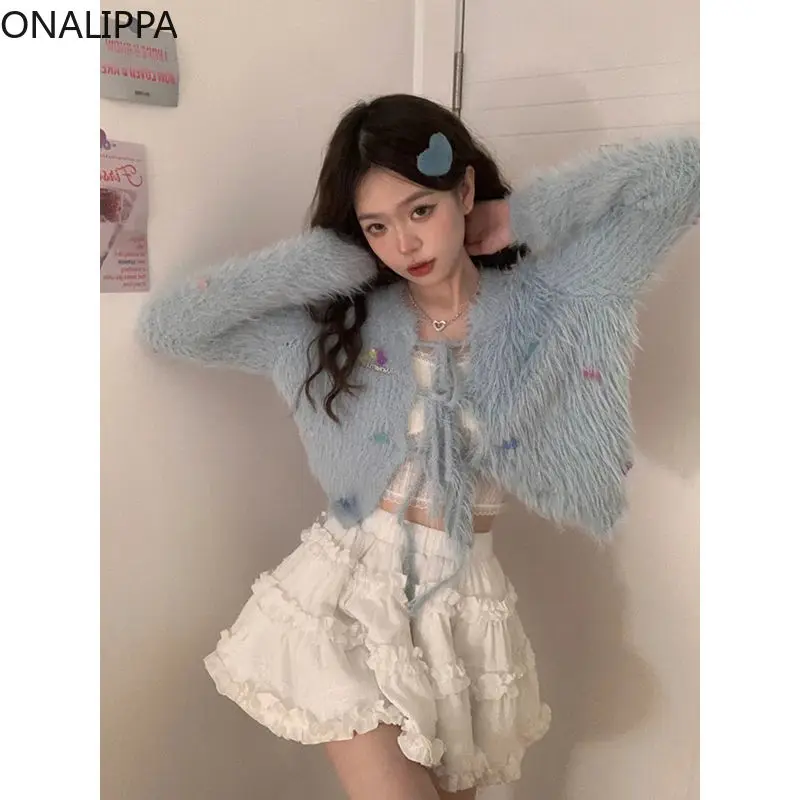 Onalippa Cartoon Patchwork Cropped Cardigan Women Chic Design Lace Up Bows Knitted Cardigans Korean Furry Small Fresh Sweater