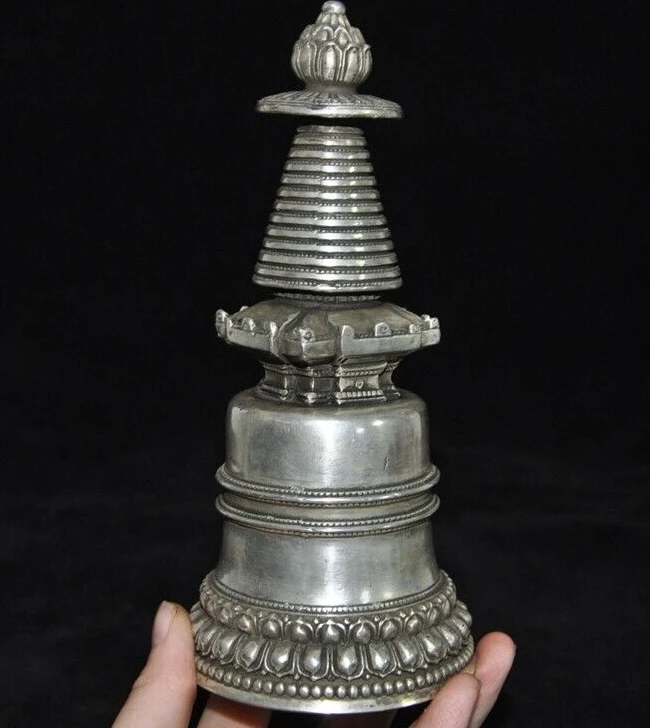 

6.4'' Tibet Tibetan silver Buddhism temple Buddha Stupa Pagoda Tower Statue