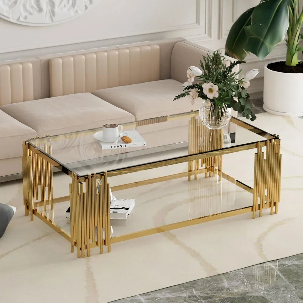 (Spring Sale) Coffee Table, Modern Living Room Table, Gold Legs, 51 Inch Rectangular Clear Tempered Glass Material Coffee Table